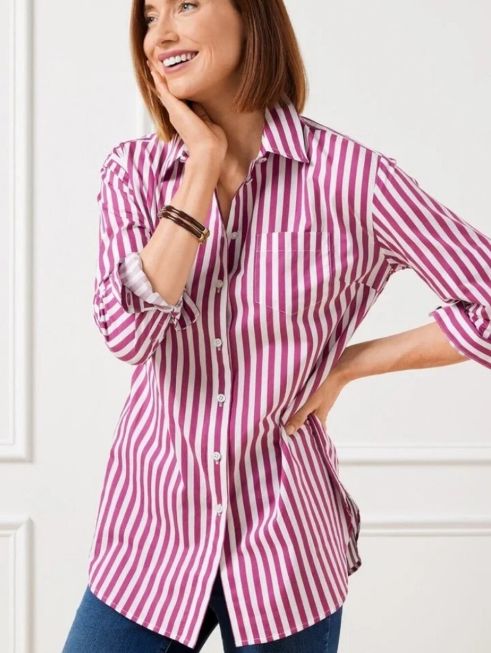 Talbots 100% Cotton Poplin Stripe Boyfriend Shirt